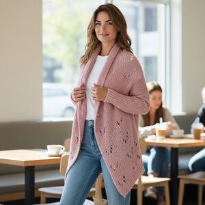 Soft Surroundings Pink‎ Wool Mohair Blend Open Cardigan Sweater Coat Large